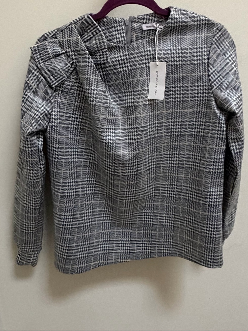 NWT Crimson + Clover Plaid Bow Shoulder Top XS Gray Black
